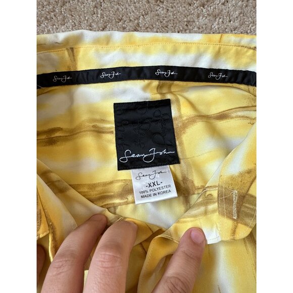 VTG‎ Sean John Men's Yellow Short Sleeve Button Up Logo Shirt Size XXL Collar - Picture 4 of 7